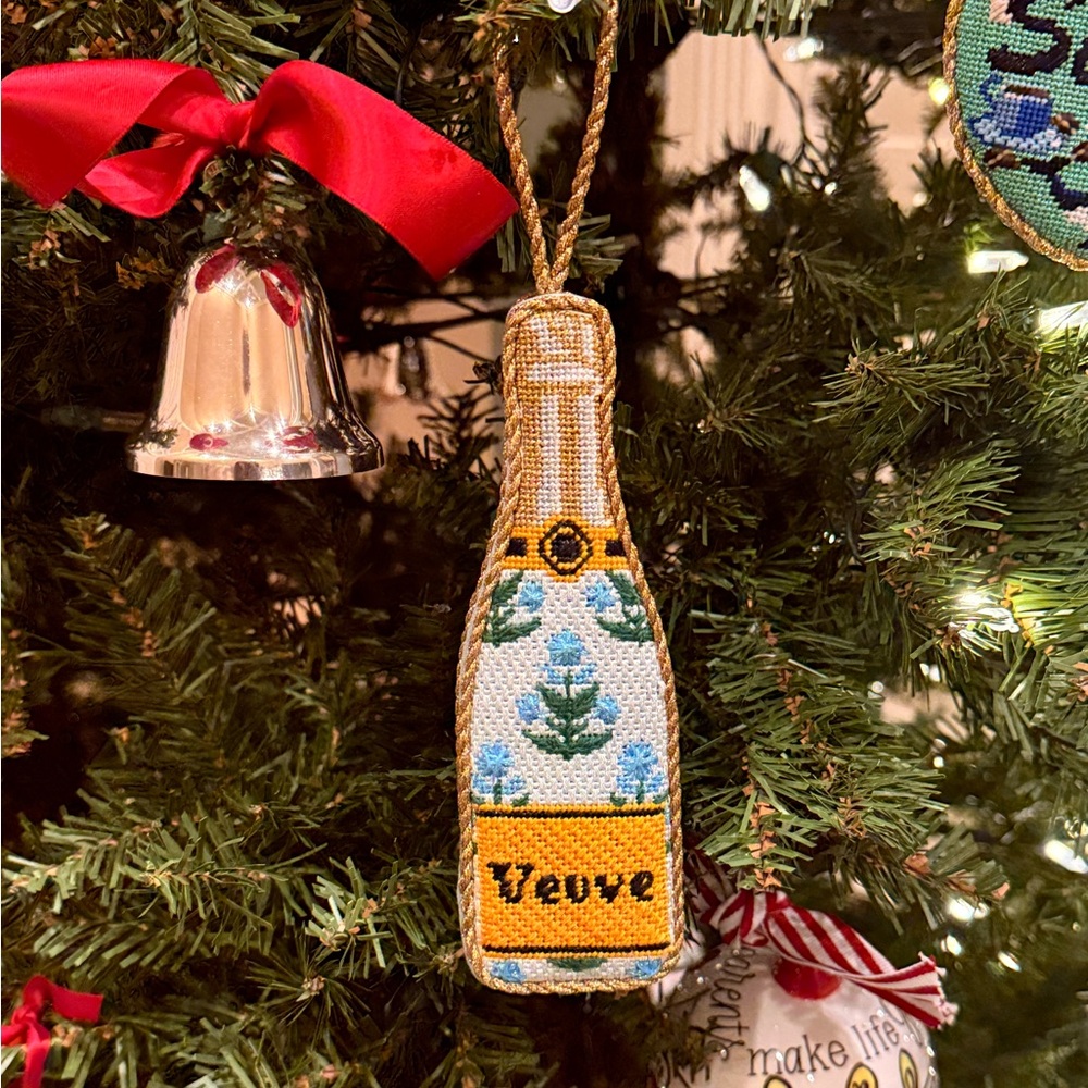 Hand-Stitched Needlepoint Ornament - Blue Flower Veuve Bottle